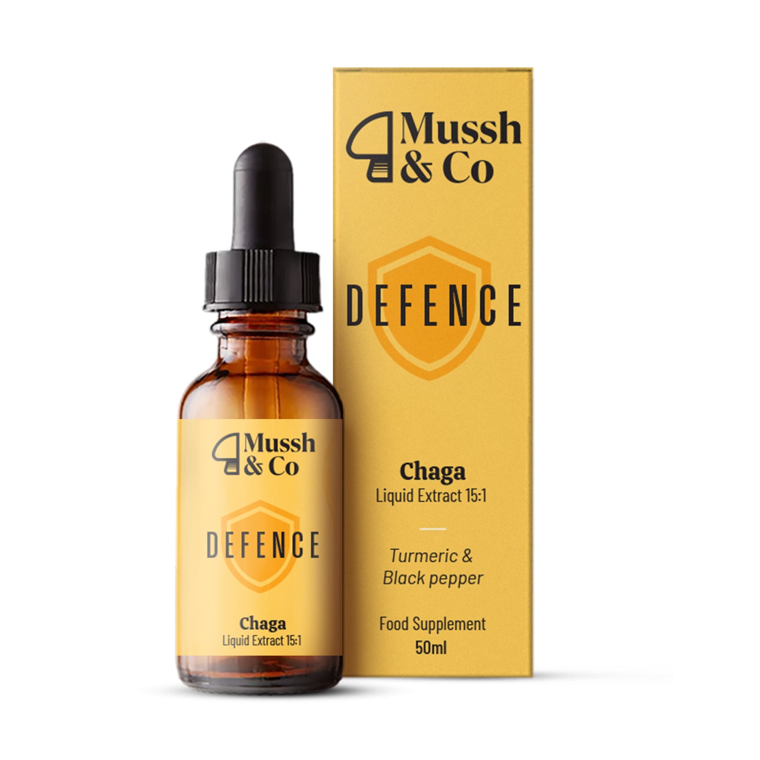 Mussh & Co Chaga Defence Drops with Turmeric and Black Pepper, 50ml Bottle