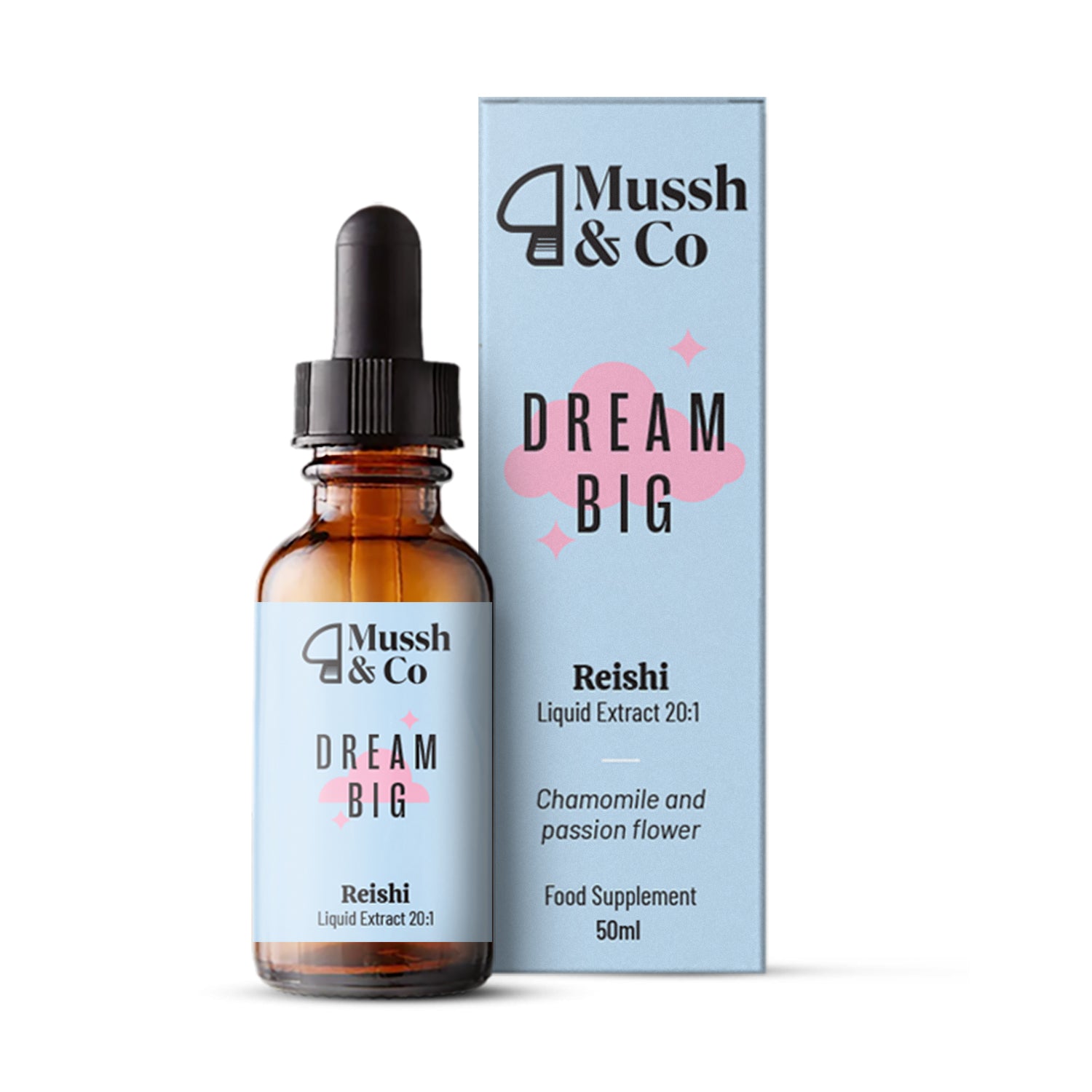 Mussh & Co Reishi Dream Big Drops with Chamomile and Passionflower, 50ml Bottle